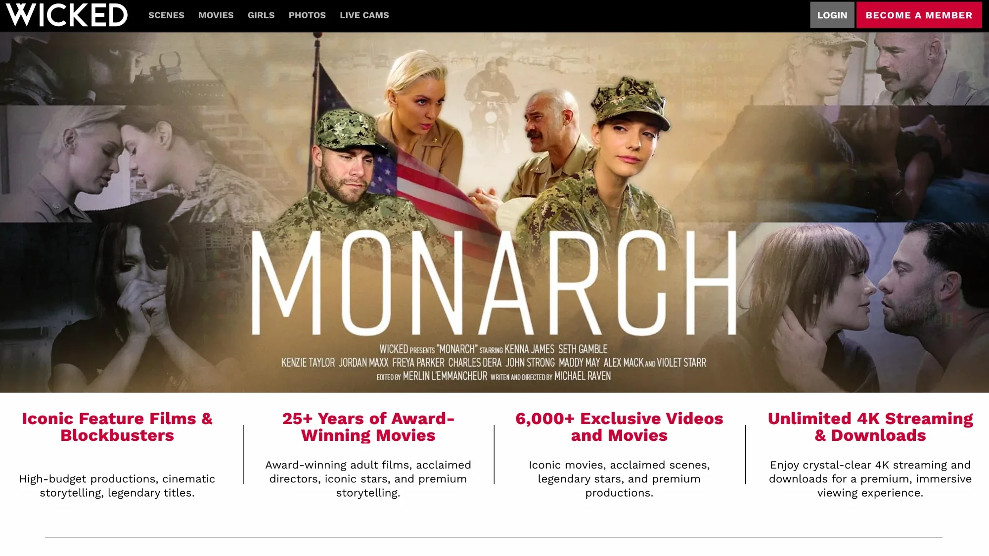 Wicked homepage with the poster of the feature film Monarch and its cast