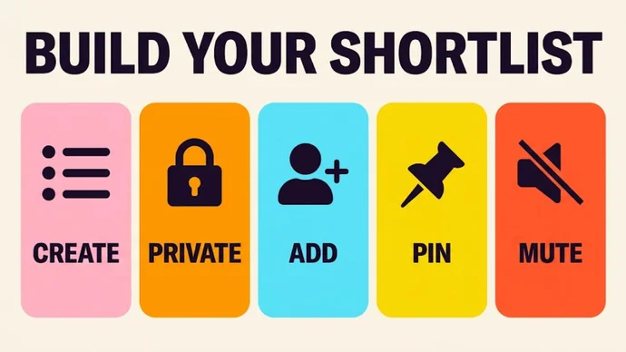 Infographic titled Build your shortlist: five cards reading Create, Private, Add, Pin and Mute