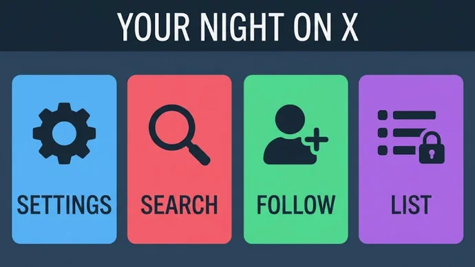 Infographic titled Your night on X: four cards reading Settings, Search, Follow and List