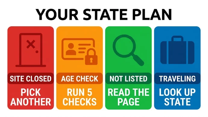 Infographic titled Your state plan: four cards pairing Site closed with Pick another, Age check with Run 5 checks, Not listed with Read the page and Traveling with Look up state