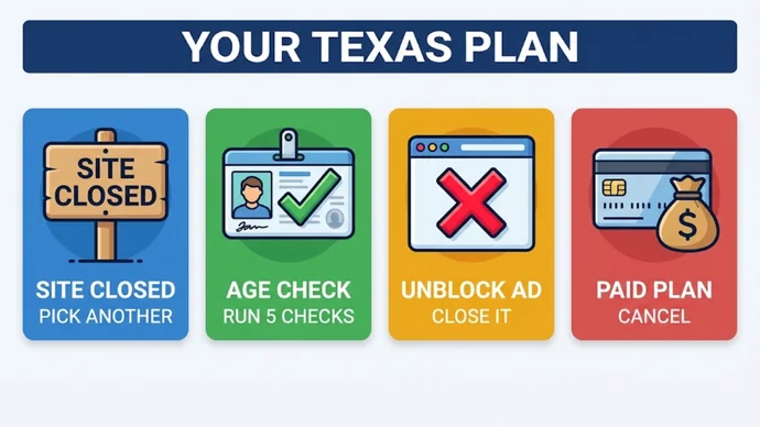 Infographic titled Your Texas plan: four situations, closed site, age check, unblock ad and paid plan, each paired with one move